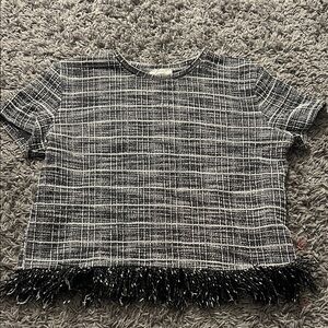 Zara Black and White Plaid Fringe Tee